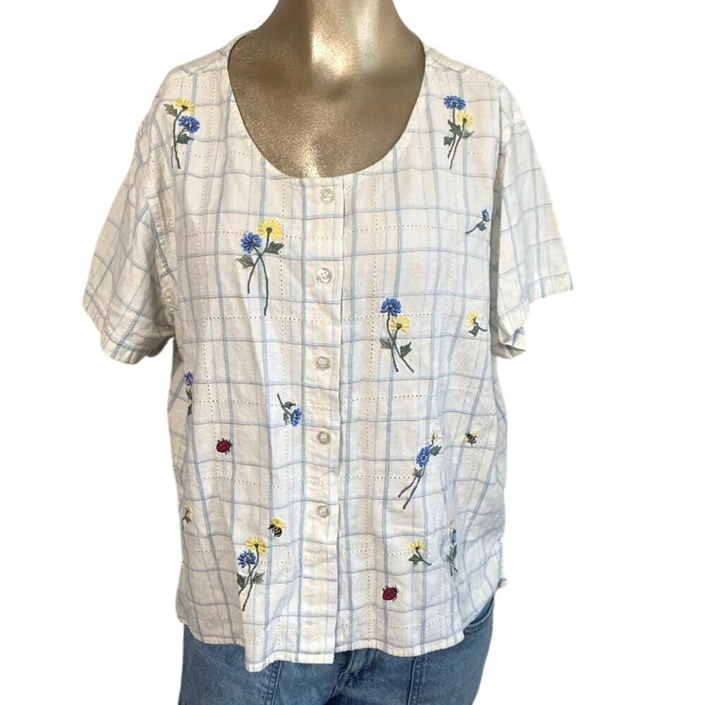Vintage Casey & Max Womens XL Plaid Embroidered Top Short Sleeve Button Front